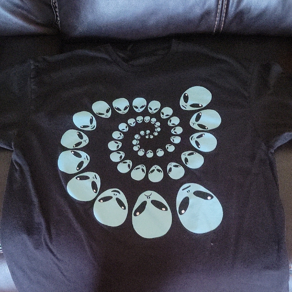 Source Unknown Black Tee with Blue Spiral Design